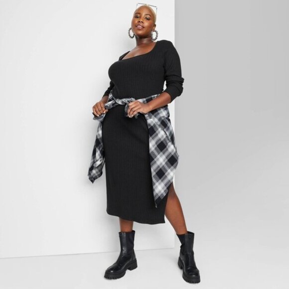 NWT Scoop Neck Rib Knit Midi Dress Wild Fable Black - Picture 1 of 6